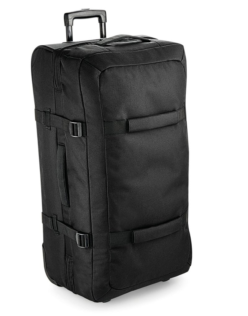 Front view of the large Bagbase Escape Check-In Wheelie bag in black, featuring a robust, multi-stage trolley handle.