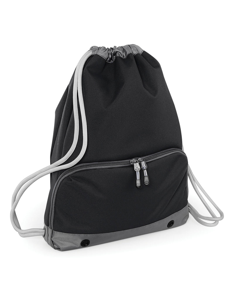 Angled view of the heather grey Bagbase Athleisure Gymsac, highlighting its premium look and drawstring cords.