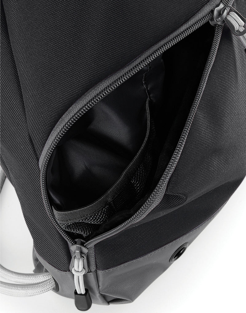 The Bagbase Athleisure Gymsac in a stylish grey marl, showcasing the textured fabric and chunky drawcords.