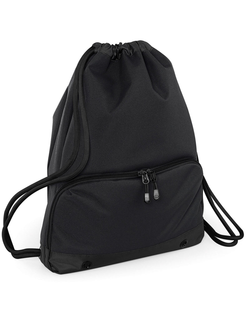 Three-quarter view of the black Bagbase Athleisure Gymsac, illustrating its sleek and sporty silhouette.