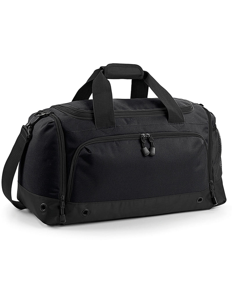 A person carrying the black Bagbase Athleisure Holdall by the shoulder strap to demonstrate its size.