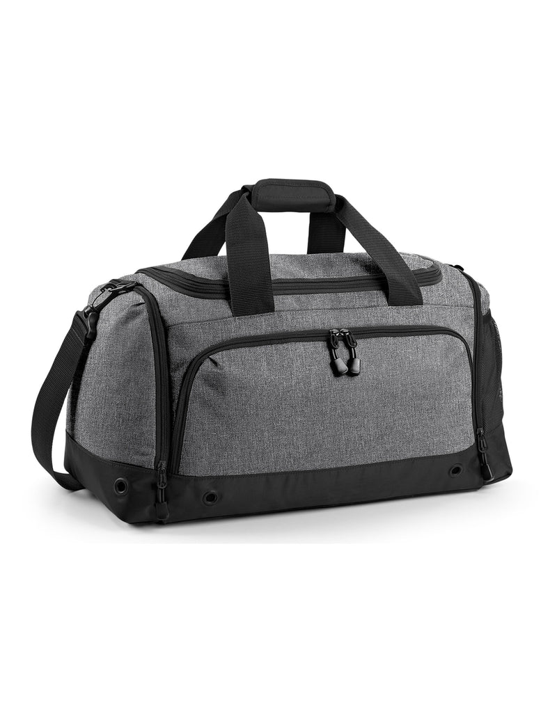 A high-quality studio shot of the black Bagbase Athleisure Holdall from a three-quarter perspective.