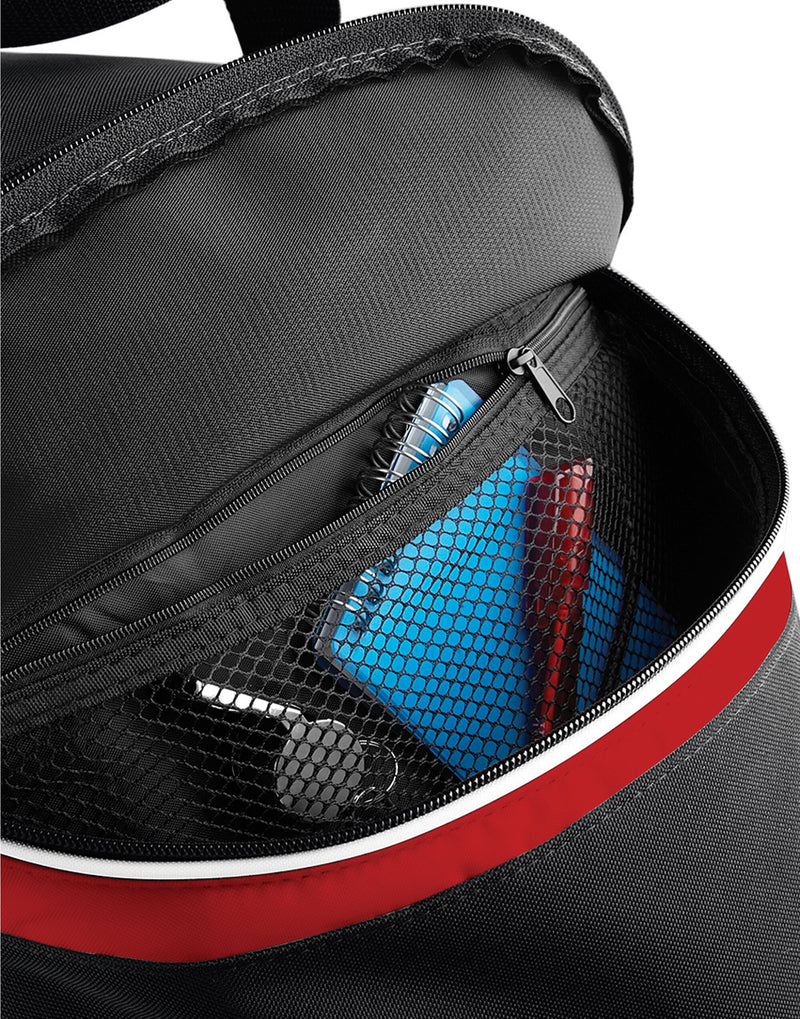 Side view of the royal blue Bagbase Teamwear Holdall, highlighting the zippered end pocket for extra storage.