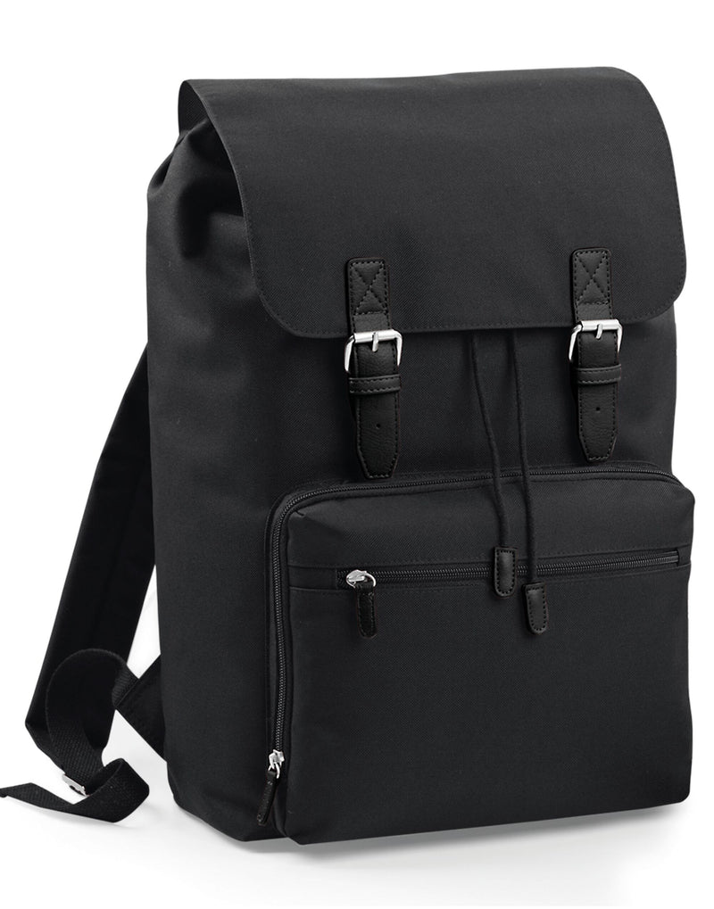 The Bagbase Vintage Laptop Backpack with its main flap open, revealing the padded laptop compartment.