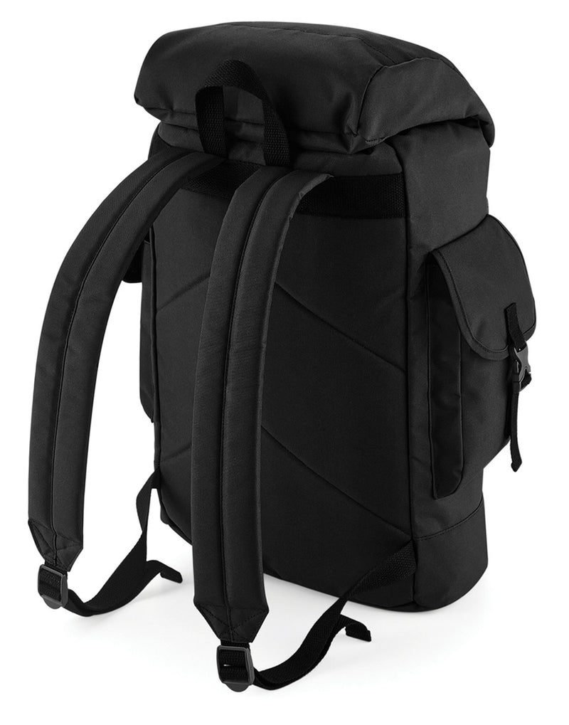 Side profile of the backpack, illustrating its depth and the easy-access side zippered pocket.