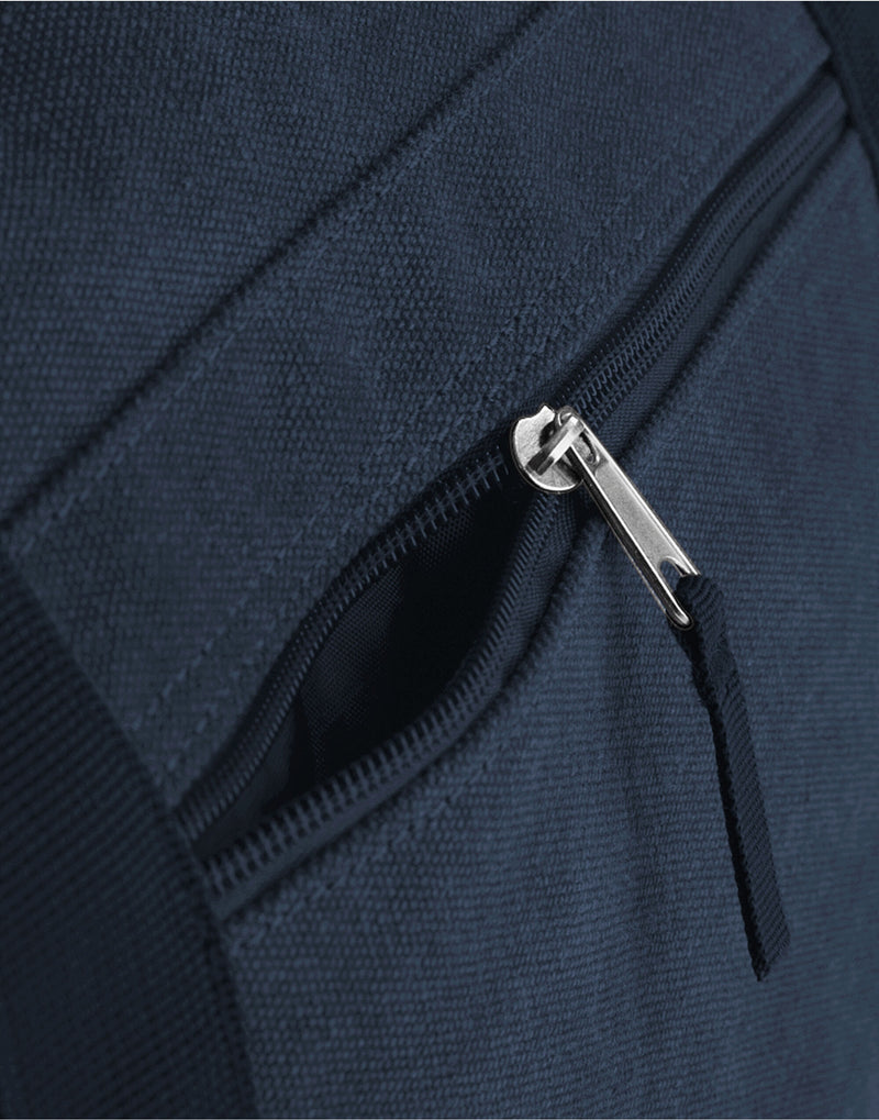 The navy Bagbase Weekender's shoulder strap connection point, showcasing the robust hardware.