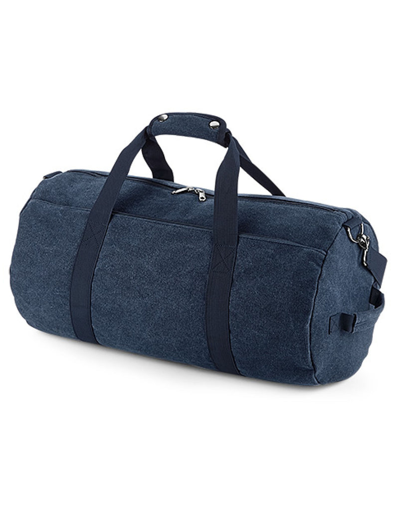 The navy Vintage Canvas Barrel Bag's main zippered compartment, perfect for gym or overnight stays.