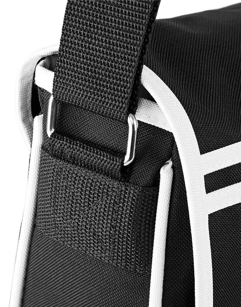 The Bagbase Retro Messenger bag with its main flap open, revealing a zippered main compartment and front pocket.