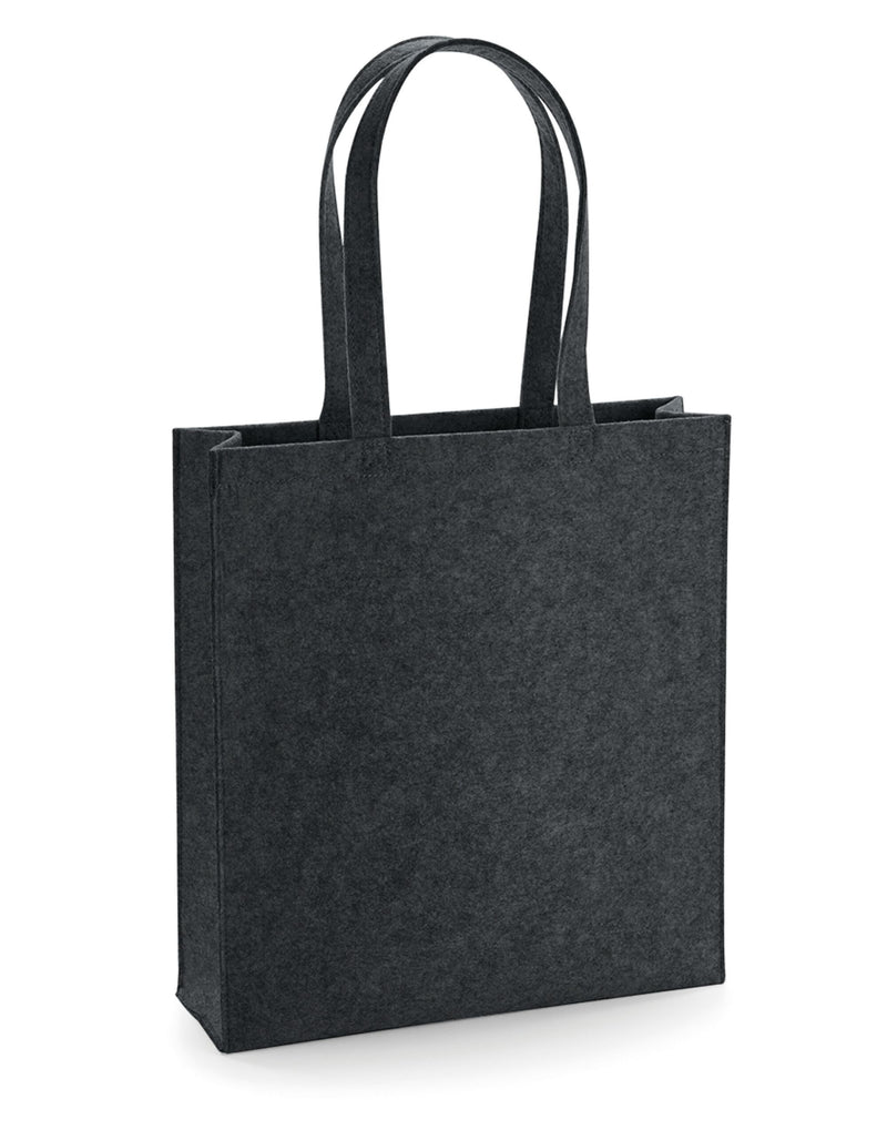 Front view of the dark grey marl Bagbase Felt Tote Bag, a smaller, stylish tote with short handles.