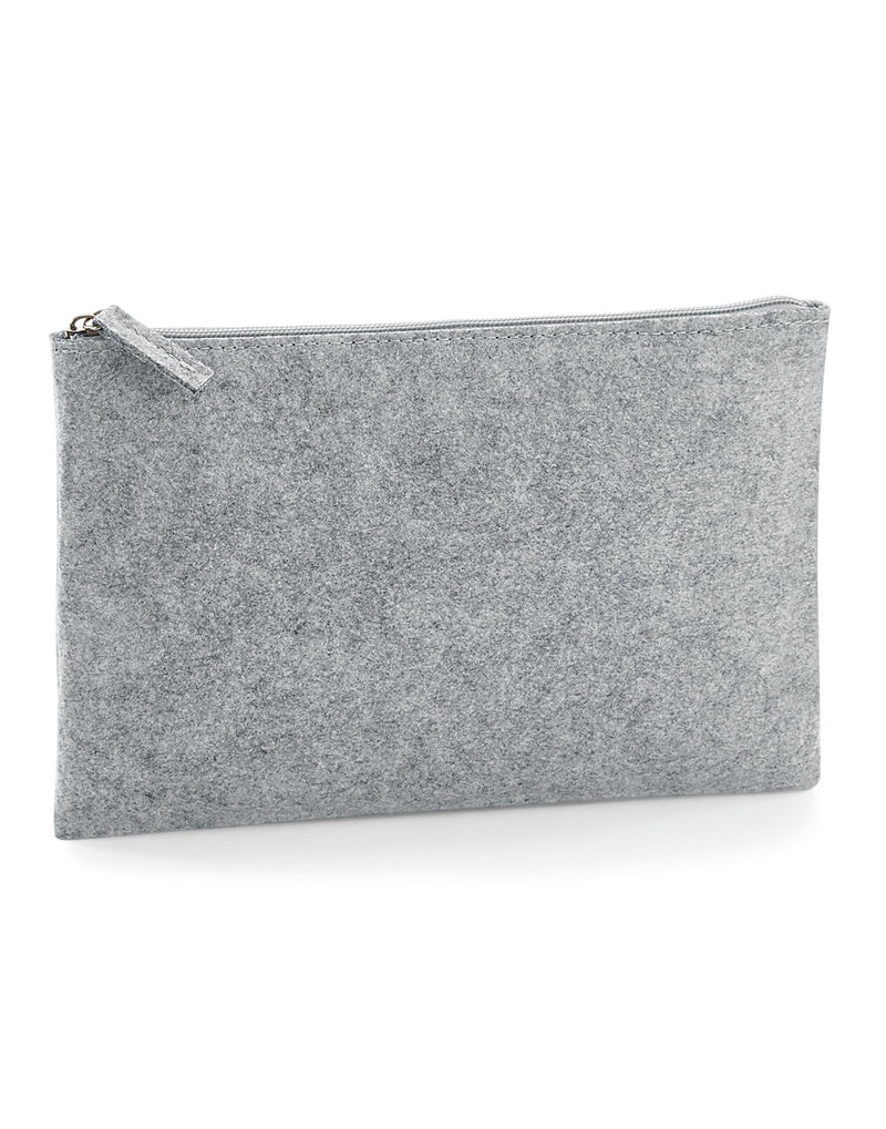 Close-up on the textured felt and branded zip pull of the Bagbase accessory pouch.