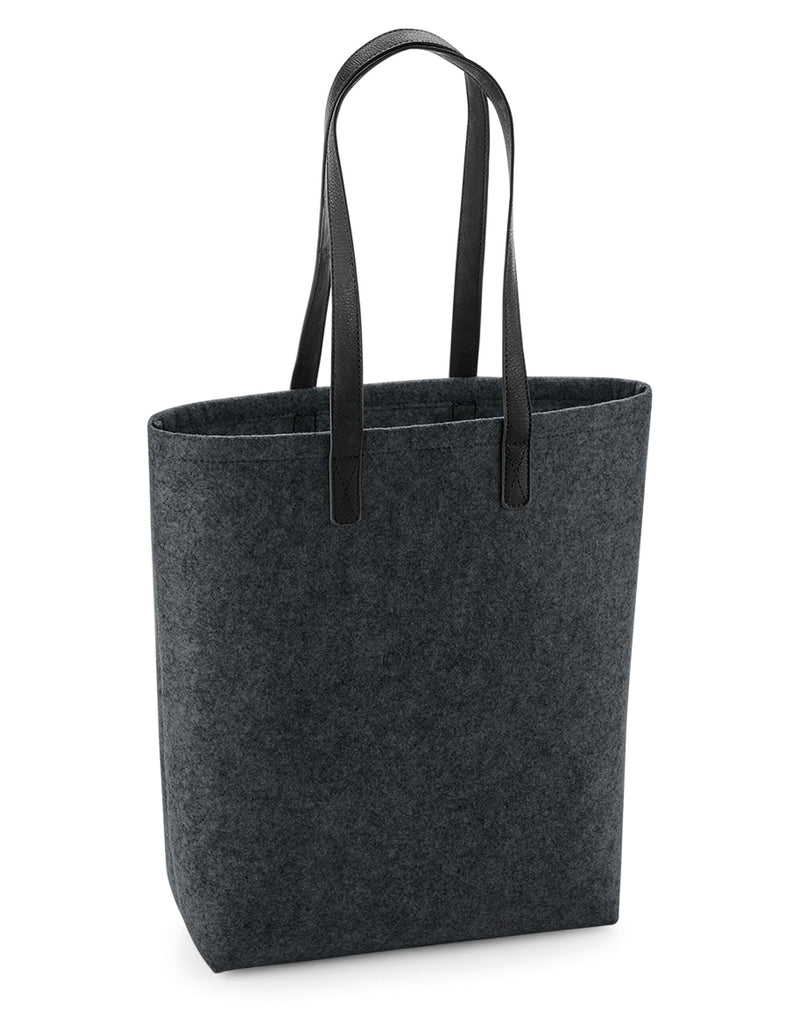 Front view of the Bagbase Premium Felt Tote in dark grey marl with stylish faux leather handles.