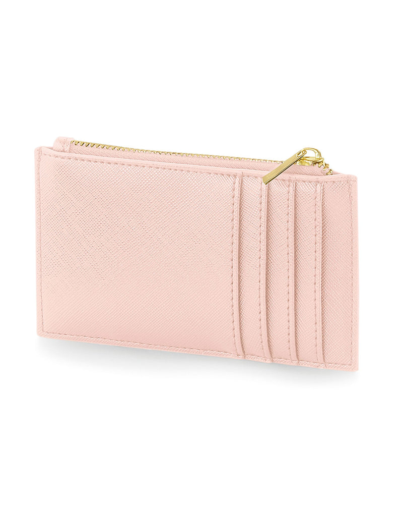 Blush pink leather cardholder wallet with zipper pouch and gold-tone hardware