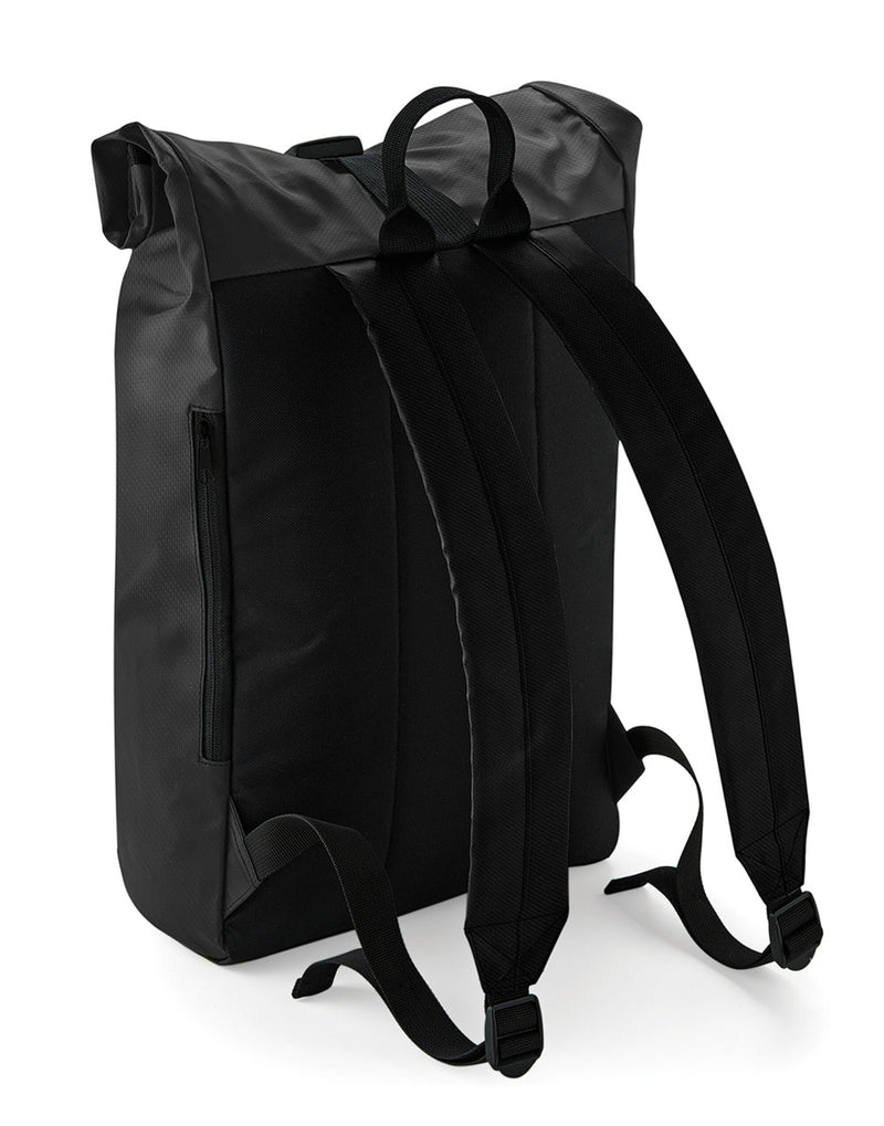 Angled view of the black roll-top backpack.