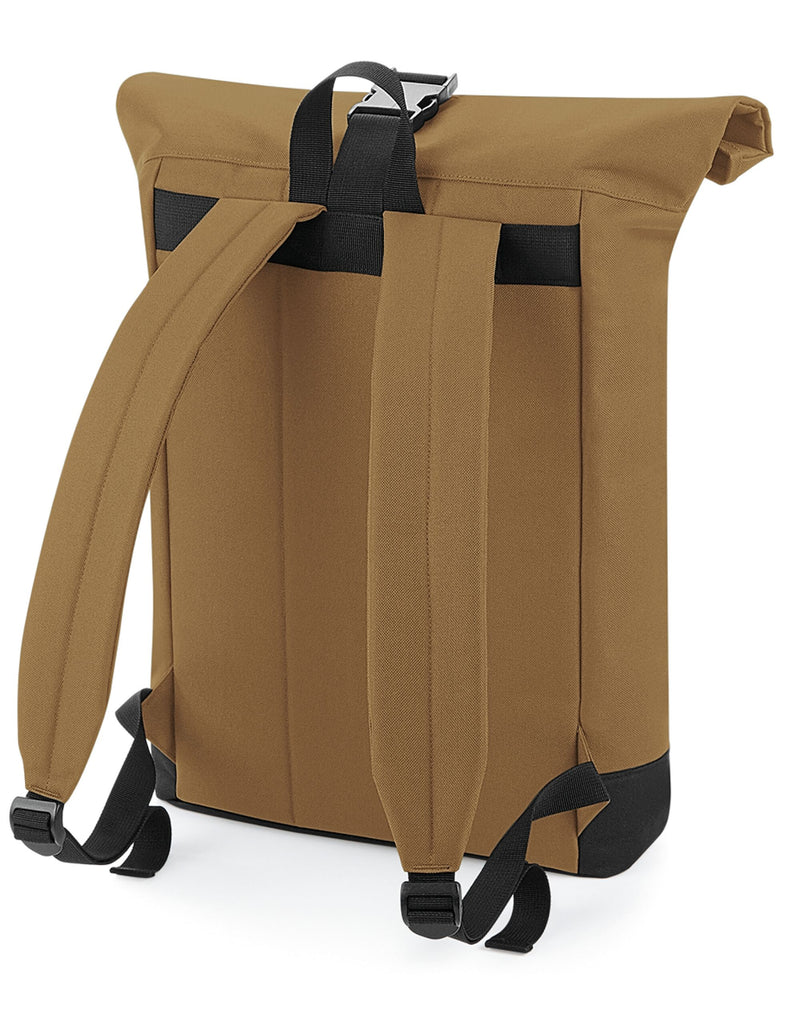 The Bagbase Roll-Top Backpack in mustard yellow, providing a vibrant and stylish option for daily commuters.