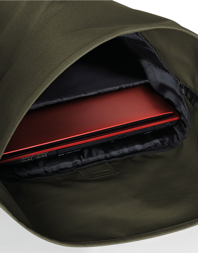 Three-quarter profile of the heather grey Bagbase Roll-Top Backpack, highlighting its modern silhouette.