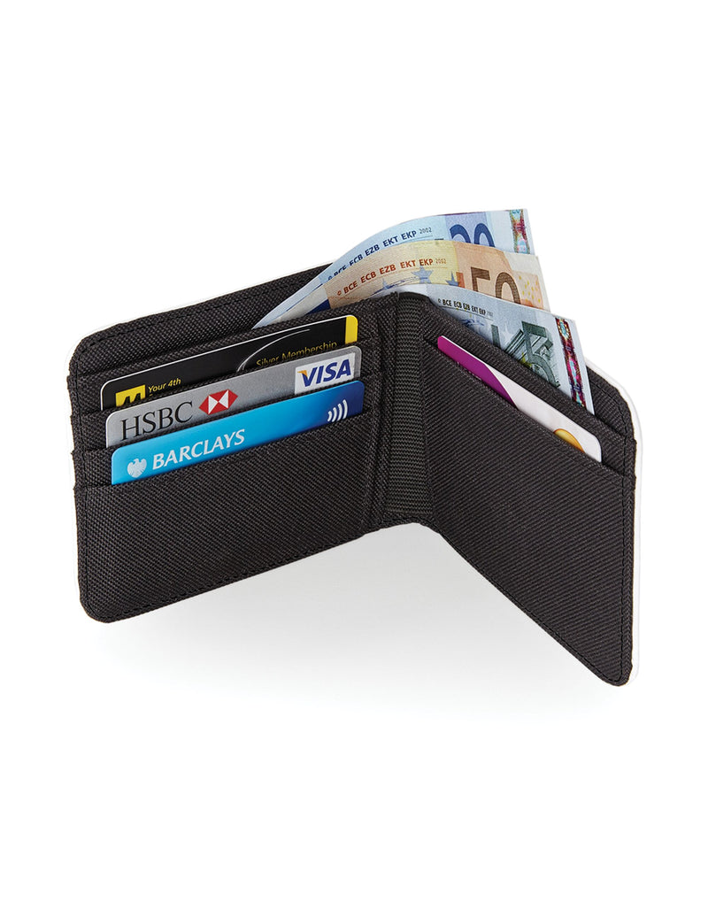 Front view of the white Bagbase Sublimation Wallet, featuring a printable surface for custom designs.