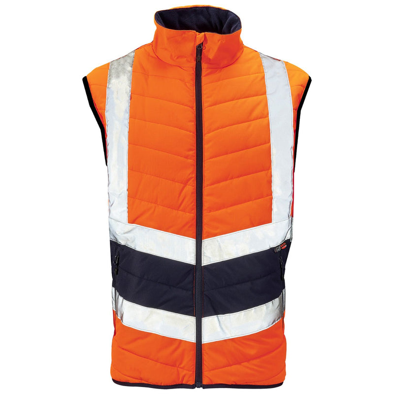 Alternate view of the hi-vis yellow and navy puffer bodywarmer.