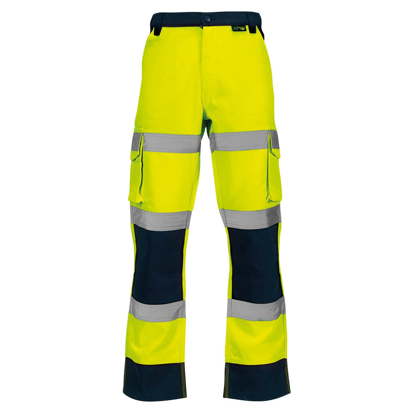 Supertouch hi-vis yellow & navy two-tone combat work trousers.