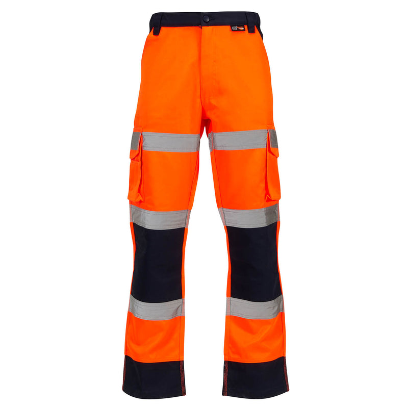 Supertouch hi-vis two-tone combat trousers in orange and navy blue.