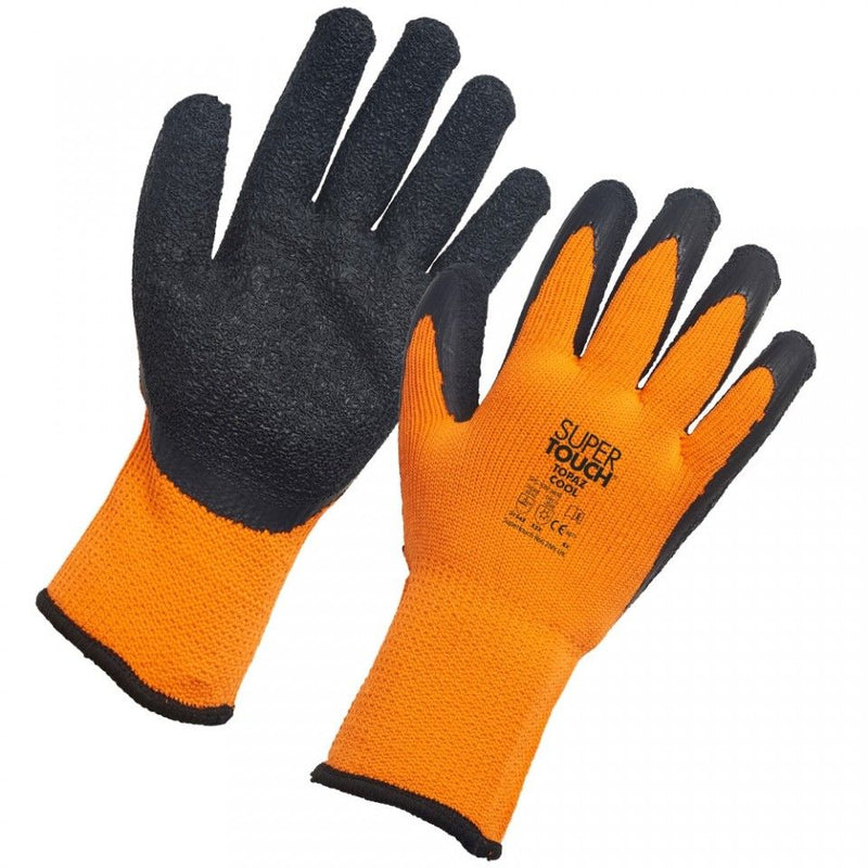 A pair of Supertouch New Topaz Cool (SPG-10) work gloves for handling.