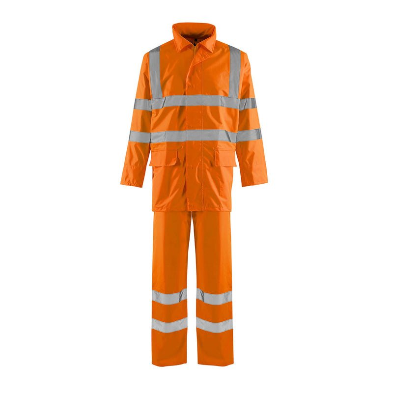 Supertouch hi-vis orange lightweight waterproof rain suit.