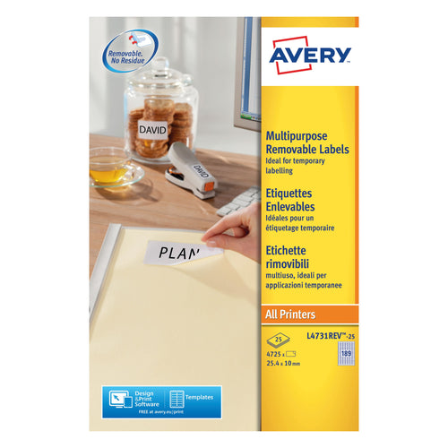 Avery Laser Mini Labels 25.4x10mm 189 Per Sheet White L4731rev-25 – (Pack of 4725)