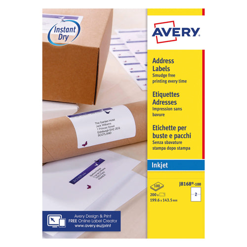 Avery Inkjet Label 199.6x143.5mm 2 Per Sheet White J8168 – (Pack of 200)