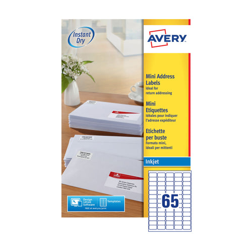 Avery Inkjet Mini Labels 38.1x21.2mm 65 Per Sheet White J8651 – (Pack of 1625)