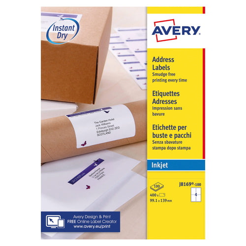 Avery Inkjet Labels 139x99.1mm 4 Per Sheet White J8169 – (Pack of 400)
