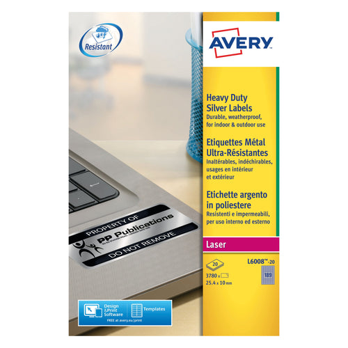 Avery Heavy Duty Laser Labels Silver 189 Per Sheet L6008 – (Pack of 3780)
