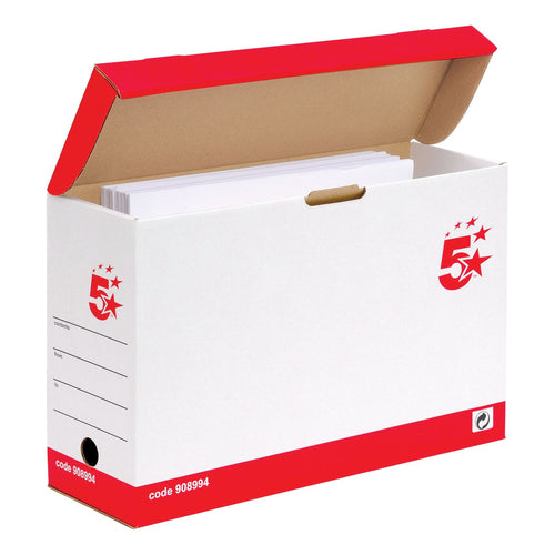 5 Star Office Transfer Case Hinged Lid Foolscap Self-assembly 133x401x257mm Red/white – (Pack of 20)