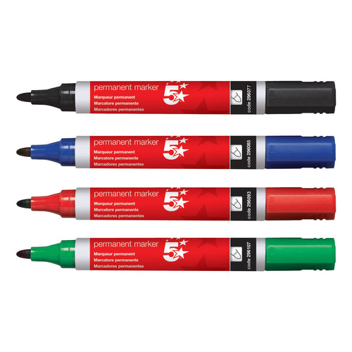 5 Star Permanent Marker Xylene/Toluene-free Smear Proof Bullet Tip Assorted – (Pack of 4)