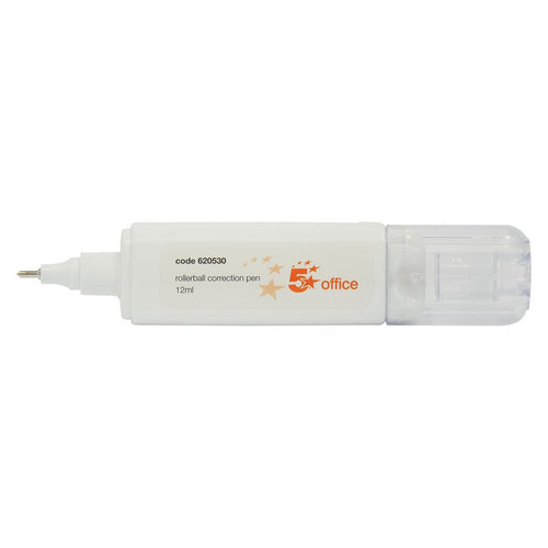5 Star Rollerball Correction Pen Fine Metal Tip Applicator 12ml White – (Pack of 12)