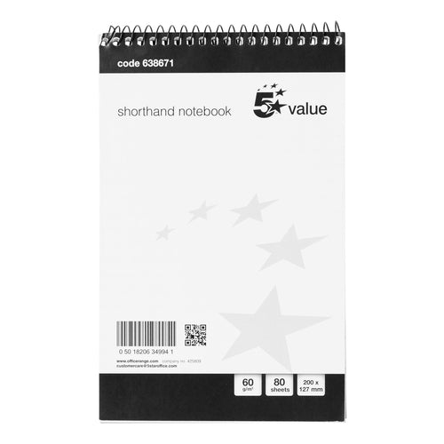 5 Star Shorthand Pad Wirebound 60gsm Ruled 160pp 127x200mm Black/White – (Pack of 10)