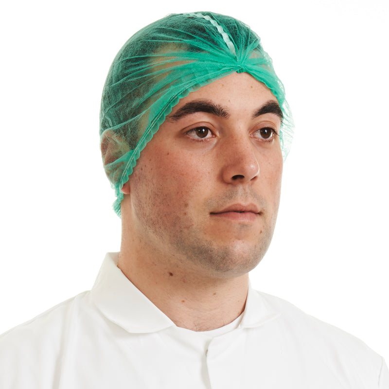 green detectable mob cap, colour-coded with metallic strip, perfect for cleanroom and food safety.