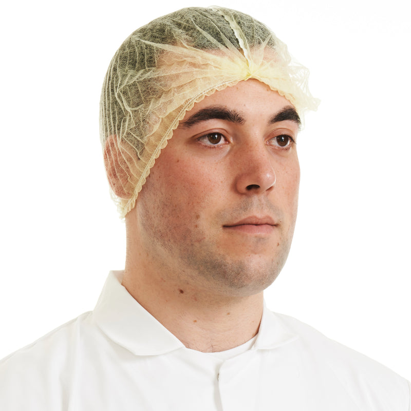 Yellow detectable mob cap with metallic strip, designed for secure hair containment and detection.