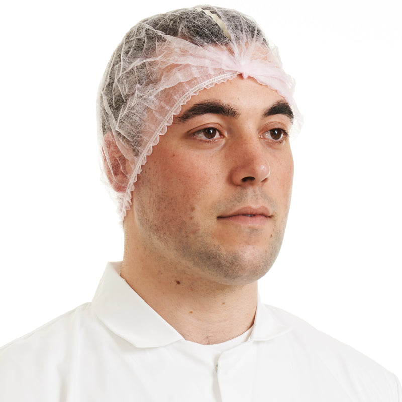 white detectable mob cap, metal detectable for hygiene compliance in food manufacturing settings.