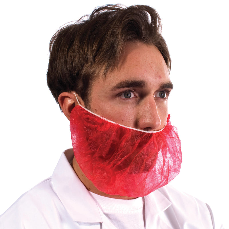 Red non-woven beard mask, disposable and elasticated, designed for secure facial hair containment.