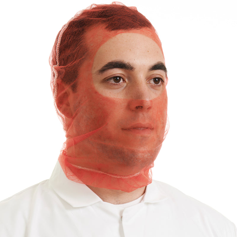 Red economy balaclava hood, disposable, secure fit for food processing and contamination prevention.