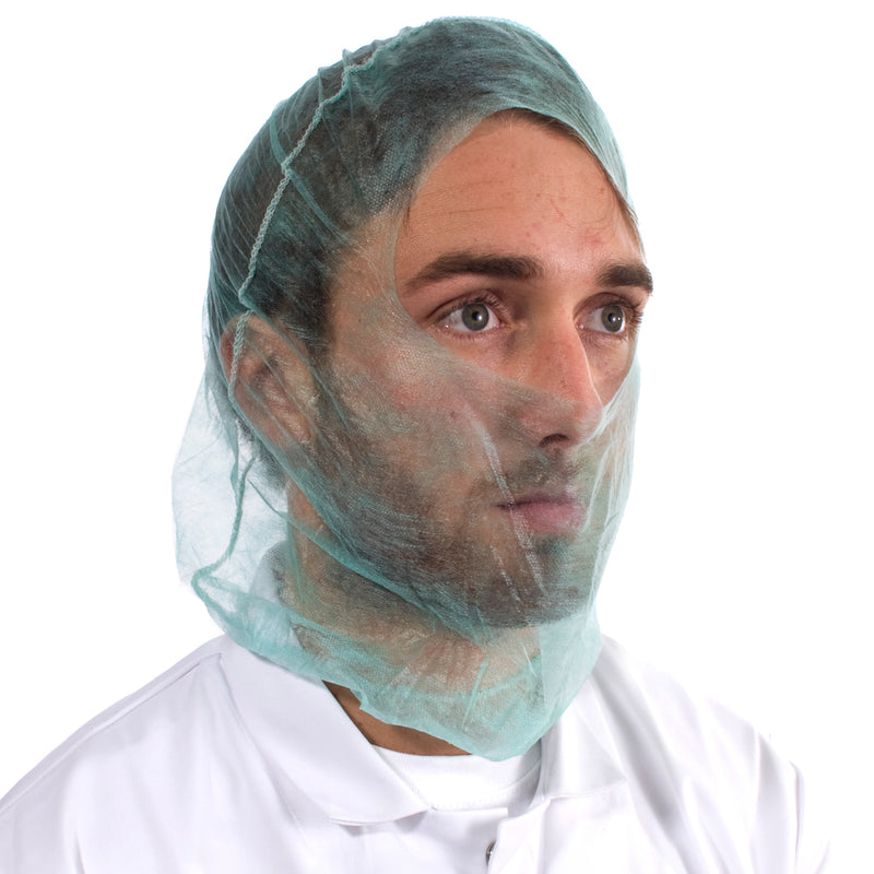 light blue economy balaclava hood, lightweight and elasticated, for secure and hygienic hair coverage.