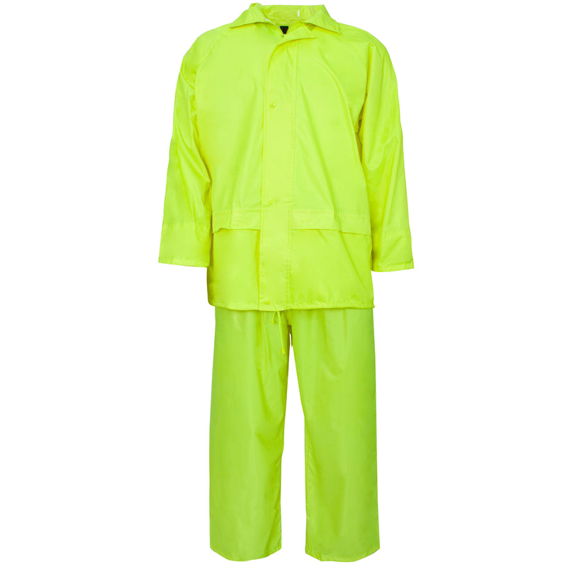 Yellow Polyester/PVC rainsuit set, including hooded jacket and trousers, designed for high visibility and rain protection.