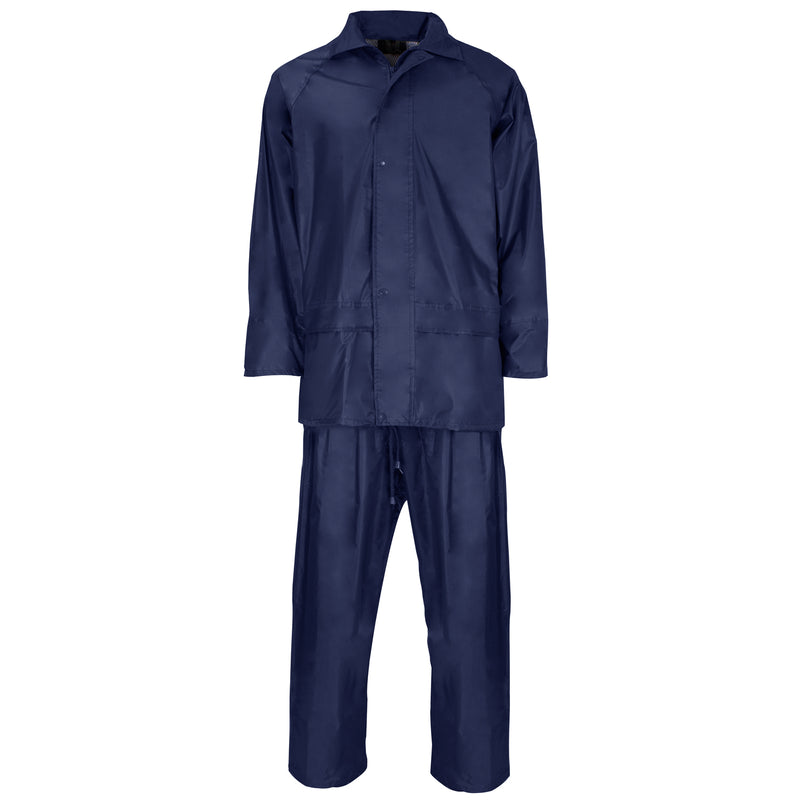 Navy blue Polyester/PVC rainsuit with jacket and trousers, lightweight, waterproof, and windproof for wet weather protection.