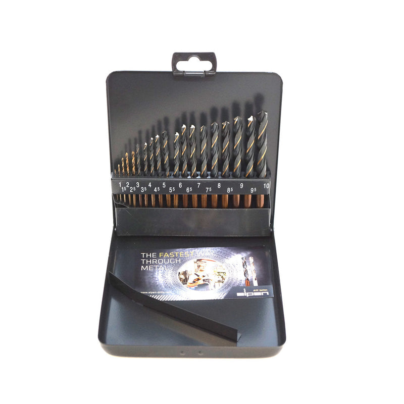 19-piece Alpen HSS drill bit set (1-10mm) organized in a metal case.