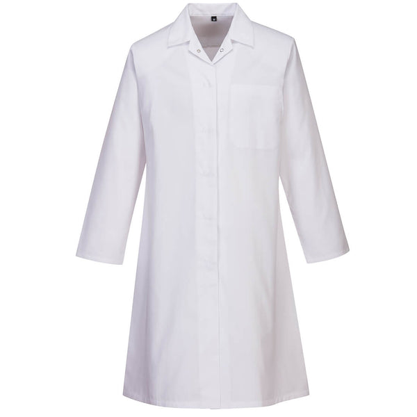 Portwest Women's Food Coat 2205 with one pocket in white. Front view.