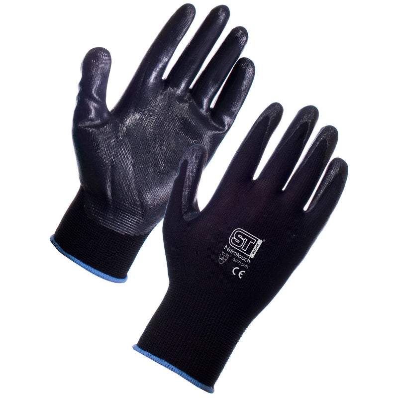 Supertouch Nitrotouch® Gloves in black, flexible nitrile palm coating, designed for tough handling and industrial tasks.
