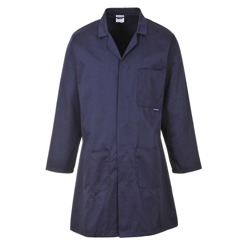 Portwest Lab Coat 2852 in navy with concealed stud front. Front view.