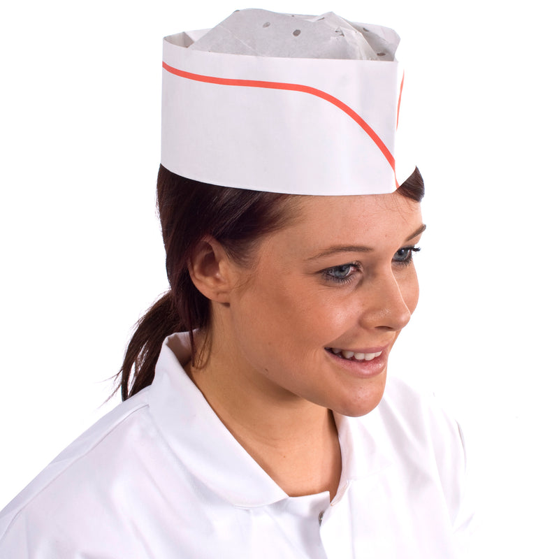 White and Red paper forage hat, comfortable and adjustable, ideal for colour-coded hygiene in food service and retail.