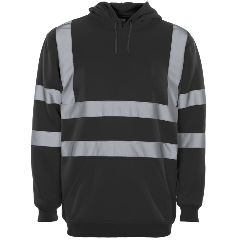 A comfortable and warm Supertouch Black Hi Vis Hooded Sweatshirt for worksite use.