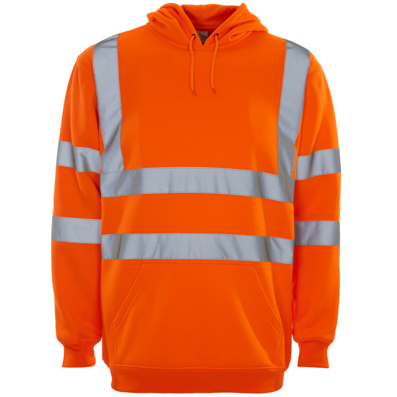 A comfortable and warm Supertouch Orange Hi Vis Hooded Sweatshirt for worksite use.