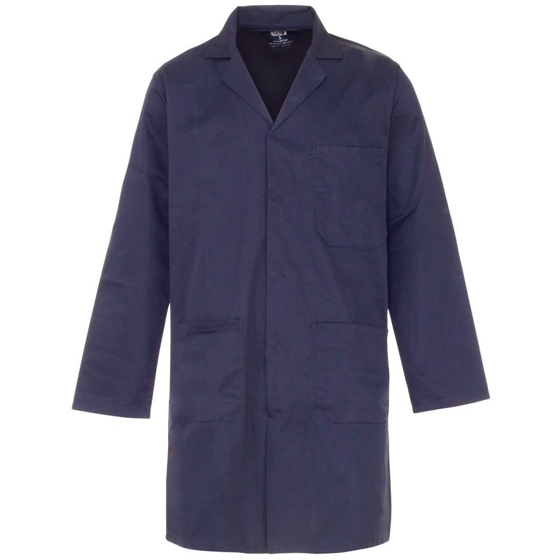 A Supertouch Navy blue Polycotton Lab Coat shown from a clear angle.
